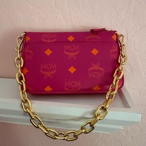 MCM Pink and Orange Clutch with Gold Chain